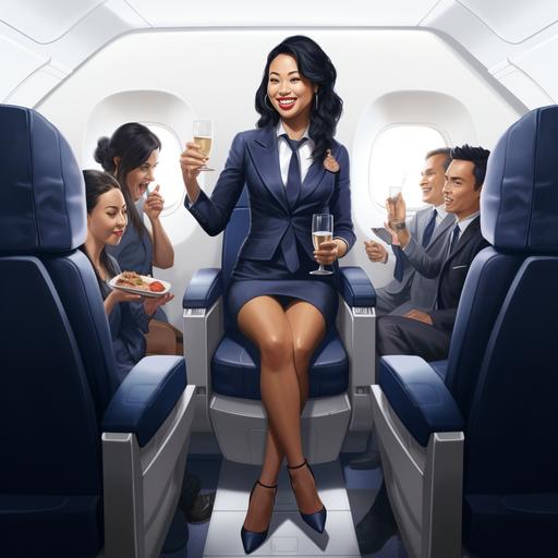 Full body view of a happy young filipina wearing a dark blue corporate pencil skirt suit serving drinks to asian friends who are sitting on an airplane seat. on a white background. Photorealistic