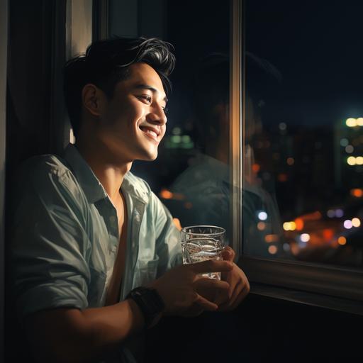 Smiling filipino closed eyes smelling glass of gin int he middle of the night. we see a busy city outside his window. photorealistic 16:9