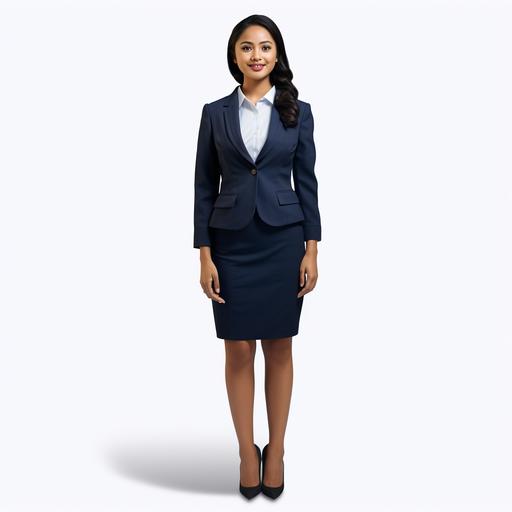 a happy young filipina wearing a dark blue corporate pencil skirt suit standing full body seen on a white background. Photorealistic