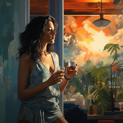late afternoon inside her modern room, filipina woman holding a gin cocktail while painting abstract on a canvas. 8K, 16:9 ratio