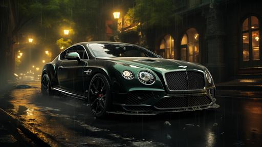 Bentley, dark green, sideview, photorealistic, dramatic lighting, raining, dark --ar 16:9 --stylize 750