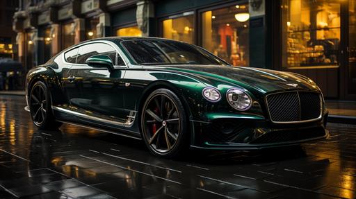 Bentley, dark green, sideview, photorealistic, dramatic lighting, raining, dark --ar 16:9 --stylize 750