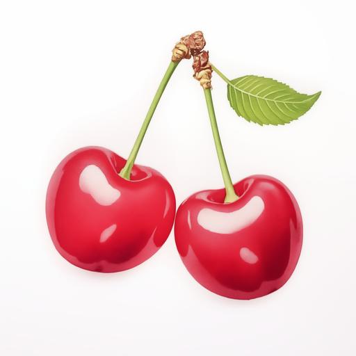 two large red cherries, joint stems, two green leaves, basic retro style, presented in a two-dimensional format, white background