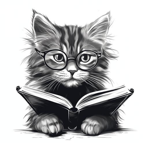 vector cat wearing glasses reading book in black and white, white background