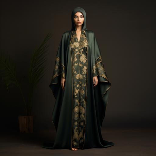 Design a luxurious “Malakit” Abaya inspired by malachite’s deep green and gold hues. Use premium fabrics like silk or satin. The front should have a straight cut, with gold embellishments resembling malachite patterns. Incorporate wide, flowing sleeves with gold cuff details. Maintain a minimalist back with a small malachite-inspired detail. Ensure a floor-length hem with slight flare, accented with gold embroidery. Optional accessories include a matching belt and coordinating scarf with gold accents. The design should balance luxury with traditional Abaya aesthetics, providing a sophisticated garment for women who appreciate elegance and modesty.