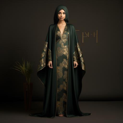 Design a luxurious “Malakit” Abaya inspired by malachite’s deep green and gold hues. Use premium fabrics like silk or satin. The front should have a straight cut, with gold embellishments resembling malachite patterns. Incorporate wide, flowing sleeves with gold cuff details. Maintain a minimalist back with a small malachite-inspired detail. Ensure a floor-length hem with slight flare, accented with gold embroidery. Optional accessories include a matching belt and coordinating scarf with gold accents. The design should balance luxury with traditional Abaya aesthetics, providing a sophisticated garment for women who appreciate elegance and modesty.