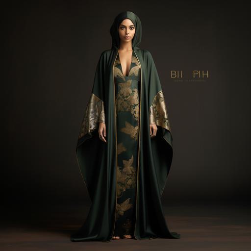 Design a luxurious “Malakit” Abaya inspired by malachite’s deep green and gold hues. Use premium fabrics like silk or satin. The front should have a straight cut, with gold embellishments resembling malachite patterns. Incorporate wide, flowing sleeves with gold cuff details. Maintain a minimalist back with a small malachite-inspired detail. Ensure a floor-length hem with slight flare, accented with gold embroidery. Optional accessories include a matching belt and coordinating scarf with gold accents. The design should balance luxury with traditional Abaya aesthetics, providing a sophisticated garment for women who appreciate elegance and modesty.