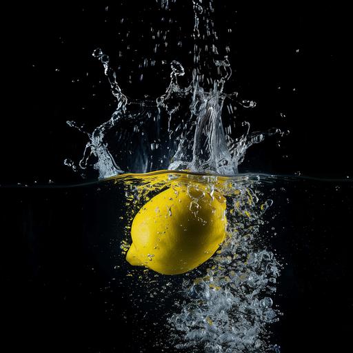 Lemon falls into water and causes splashing, black background photography --v 6.0