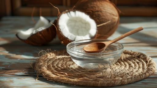 coconut and a dish in which there is transparent coconut oil and in it a wooden spoon, frontal view, photography 4k --ar 16:9 --v 6.0