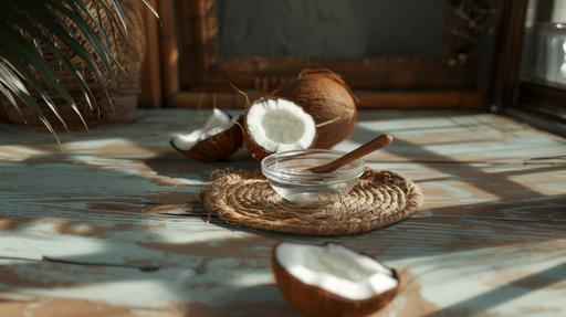 coconut and a dish in which there is transparent coconut oil and in it a wooden spoon, frontal view, photography 4k --v 6.0 --ar 16:9