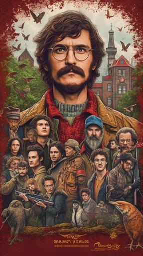 Pedro Pascal with a full overgrown curly super long beard, wearing round glasses, in red jacket, colorful shirt, with a dozen colored stickered freckles on his cheeks, standing with male yound students next to an army of werewolves in front of brick wall academy in the middle of Sherwood forest, Harry Potter movie poster style --ar 9:16 --q 2 --v 5 --s 750 --upbeta