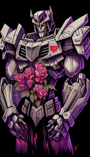 Transformers Decepticon Megatron holding Roses, chad, big built, Decepticon logo on chest, Valentines Day Portrait holding Roses, Valentines Day Portrait --ar 9:16 --chaos 100 --upbeta --q 2 --s 750
