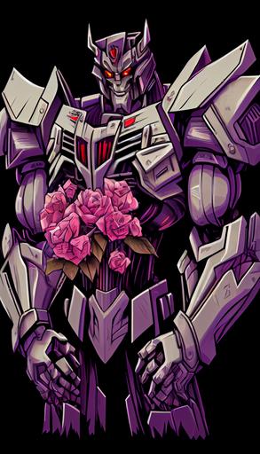 Transformers Decepticon Megatron holding Roses, chad, big built, Decepticon logo on chest, Valentines Day Portrait holding Roses, Valentines Day Portrait --ar 9:16 --chaos 100 --upbeta --q 2 --s 750