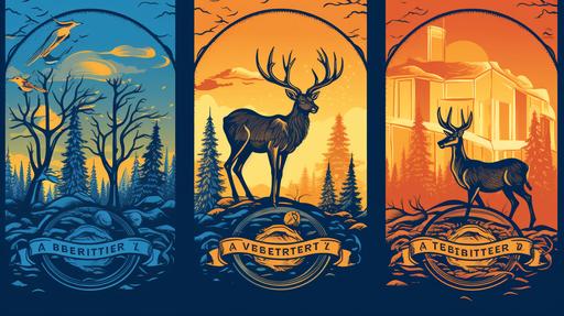 oktoberfest design, vector drawing, brewery logo, deer in a forest, blue, orange, brown, yellow, red, --ar 16:9