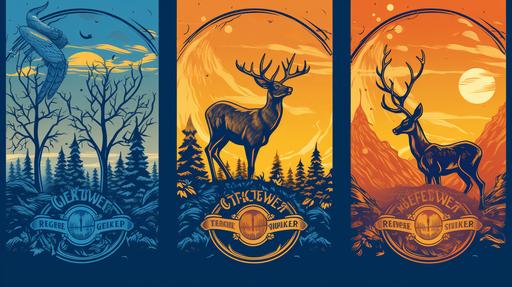 oktoberfest design, vector drawing, brewery logo, deer in a forest, blue, orange, brown, yellow, red, --ar 16:9