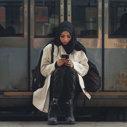 A fair-skinned girl from North Africa, bearing a resemblance to Koreans, is clad in simple black pants, medium black boots, a black hijab, and a white medium-length coat. She sits at a tramway station, engaged in texting on her phone. Ultra realistic photo, --v 6.0