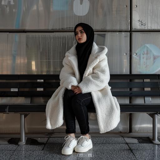 a north african white girl wearing black hijab with a white smoke coat, the coat has to reach its knees, and simple black jeans with simple white sneakers siting in a tramway station waiting for the tram ultra realistic photo, --v 6.0