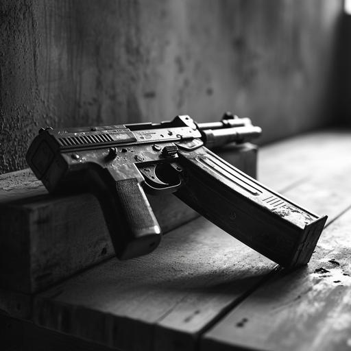 mac-11 gun on wooden table in a concrete garage, grunge. photorealistic, volumnetric lighting, flat lay, black and white --aspect 1:1 --v 6.0