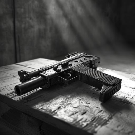 mac-11 gun on wooden table in a concrete garage, grunge. photorealistic, volumnetric lighting, flat lay, black and white --aspect 1:1 --v 6.0