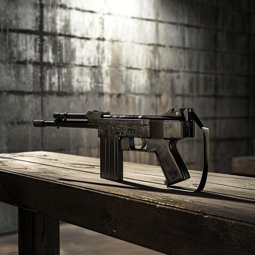mac-11 gun on wooden table in a concrete garage, grunge. photorealistic, volumnetric lighting, flat lay, black and white, 4k. --aspect 1:1 --v 6.0
