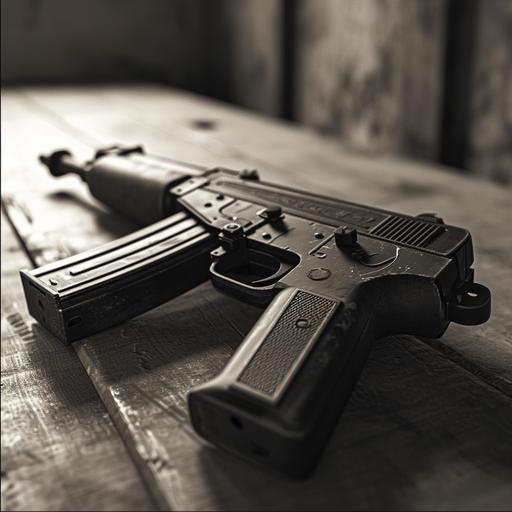mac-11 gun on wooden table in a concrete garage, grunge. photorealistic, volumnetric lighting, flat lay, black and white, 4k. --aspect 1:1 --v 6.0