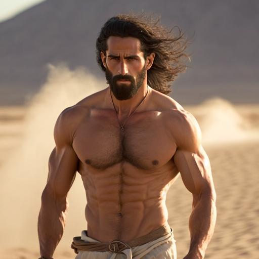 macho handsome middle-eastern hairy young man go to the desert