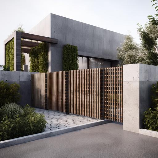 suburb house front fence made of concrete blocks and wood, sliding gate, scandinavian style, photorealistic --q 2 --s 250 --v 5