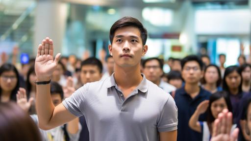 Hyper-realistic photo. Serious-looking young Asian male facing front. Wearing a grey tee shirt and blue jeans. His right arm is raised up to say the oath pledge. There are other young Asian civilians and Singaporeans standing behind in the background. All their hands are raised up to say the oath pledge with a dynamic background. Cinematic. --ar 16:9