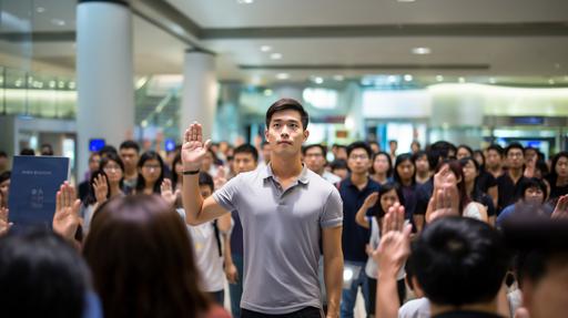 Hyper-realistic photo. Serious-looking young Asian male facing front. Wearing a grey tee shirt and blue jeans. His right arm is raised up to say the oath pledge. There are other young Asian civilians and Singaporeans standing behind in the background. All their hands are raised up to say the oath pledge with a dynamic background. Cinematic. --ar 16:9