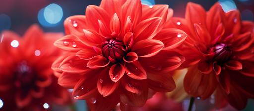 macro image of close up red dahlia flower with bokeh background, 4k, --ar 16:7