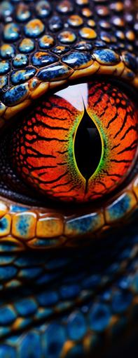 macro photo of a colorful reptile eye, pattern --ar 10:26