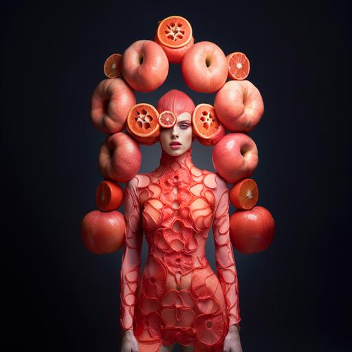 macro photography, the lips of a grapefruit sliced open and pulled apart resembles the human anatomy. let's print that on a dress:: fresh fruit skin, closeup print on carpeted outfit sliced up tight dress. Telluric red champagne pink outfit. Hottest model with oversized eyes and lips.