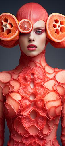 macro photography, the lips of a grapefruit sliced open and pulled apart resembles the human anatomy. let's print that on a dress:: fresh fruit skin, closeup print on carpeted outfit sliced up tight dress. Telluric red champagne pink outfit. Hottest model with oversized eyes and lips.
