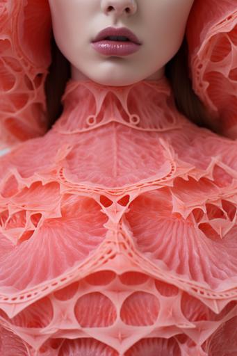macro photography, the lips of a grapefruit sliced open and pulled apart resembles the human anatomy. let's print that on a dress:: fresh fruit skin, closeup print on carpeted outfit sliced up tight dress. Telluric red champagne pink outfit. Hottest model with oversized eyes and lips. --ar 2:3