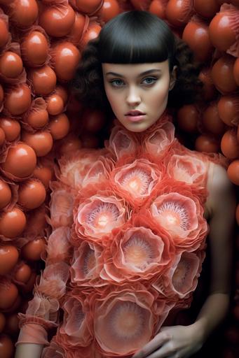 macro photography, the lips of a grapefruit sliced open and pulled apart resembles the human anatomy. let's print that on a dress:: fresh fruit skin, closeup print on carpeted outfit sliced up tight dress. Telluric red champagne pink outfit. Hottest model with oversized eyes and lips. --ar 2:3