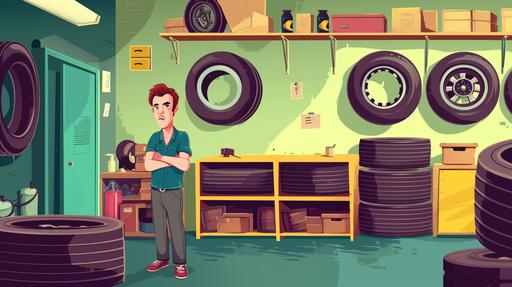 mad customer at a tire shop, cartoon style:: --aspect 16:9 --version 6.0 --s 50