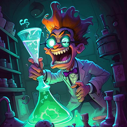 mad scientist laughing surrounded by volumetric flask with fluorescent liquids in a secret laboratory in a cellar holding a syringe, cartoon style like scoobydoo