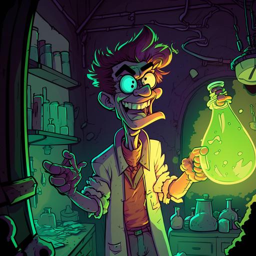 mad scientist laughing surrounded by volumetric flask with fluorescent liquids in a secret laboratory in a cellar holding a syringe, cartoon style like scoobydoo