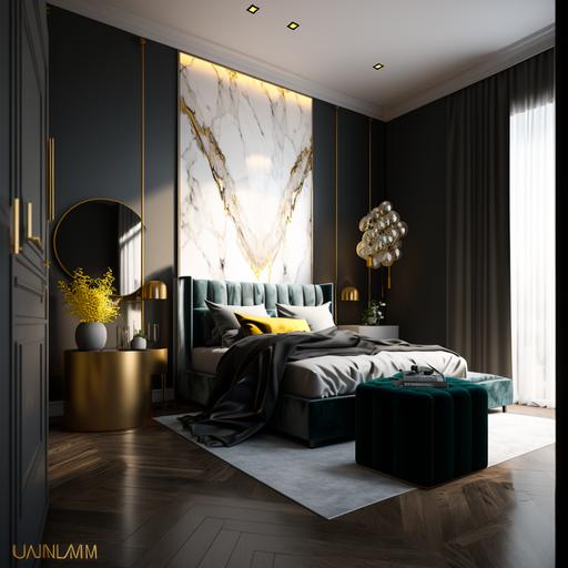 master bedroom, large space, modern style, modern interior design, abstract painting, wood flooring, marble with reflection, clean mood, sunlight, black glass cladding, gold stainless, vintage mirror, velvet ottoman, accesories, high resolution, vray, render