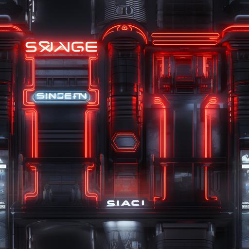 made in substance designer, black style page, sci fi logos, sc fi type, sci fi neon, lights, sci-fi buildings, facade, incredible details, hd, cinematic, texture, flat texture with luminance map --tile --s 250