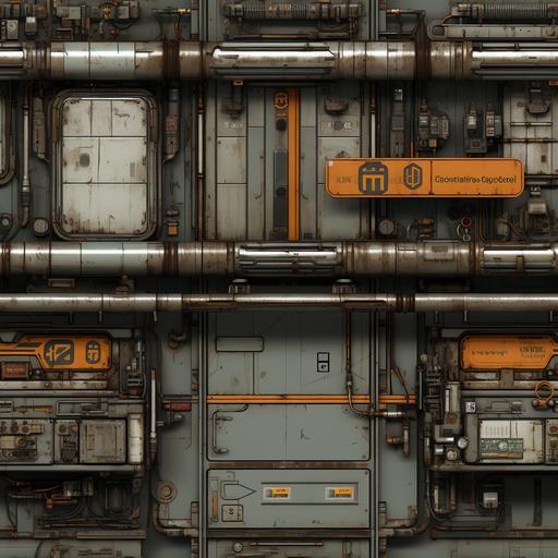 made in substance designer, greay and light color, dirty, oily,pipes and vents, garage doors sci-fi city texture, lights, sci-fi buildings, facade, incredible details, hd, cinematic, texture, flat texture with luminance map made in substance --tile --s 250
