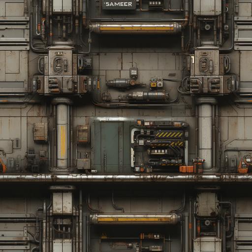 made in substance designer, greay and light color, dirty, oily,pipes and vents, garage doors sci-fi city texture, lights, sci-fi buildings, facade, incredible details, hd, cinematic, texture, flat texture with luminance map made in substance --tile --s 250