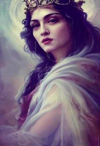 madonna ciccione, medieval goddess, beautiful face, flowing liquid hair, ethereal background, manga cover, mystical, stunning, dreamy, detailed bokeh cinematic, hypermaximalist, elegant, ornate, luxury, elite, ominous, cgsociety, style of james jean, Tom bagshaw, Roberto Ferri and Marco Mazzoni, hyper-realistic, matte painting, octane-render, enhanced, --ar 9:16 --testp --upbeta