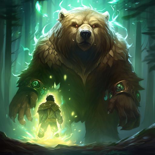 mage next to magical forest guardian monster, forest guardian spell, mage summoning a huge spirit bear with glowing eyes and glowing rune symbols, mage next to spirit bear, view from the back, hearthstone art style, simple