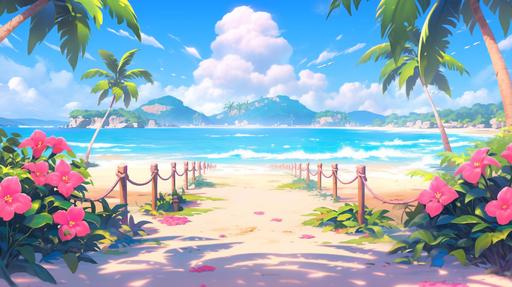 magic island beach environment game art, pink flowers, palm trees, 8k, crisp, brightly lit, --no blurry --niji --ar 16:9