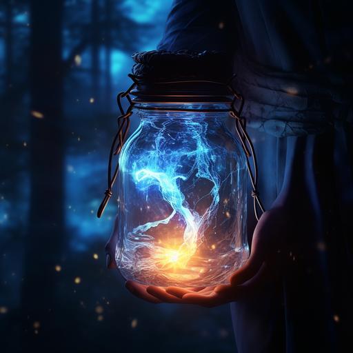 magic jar, the glass is pitch black, but from the inside shines a white light, the jar is strung on a braided rope, digital art, fantasy