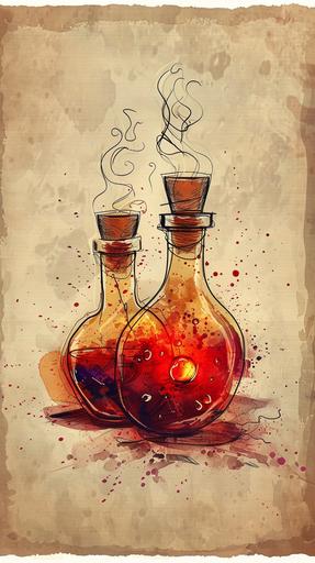 magic potion bottles brown drawn on paper and bubbling potion bottles red magical --ar 9:16