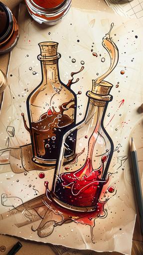 magic potion bottles brown drawn on paper and bubbling potion bottles red magical --ar 9:16