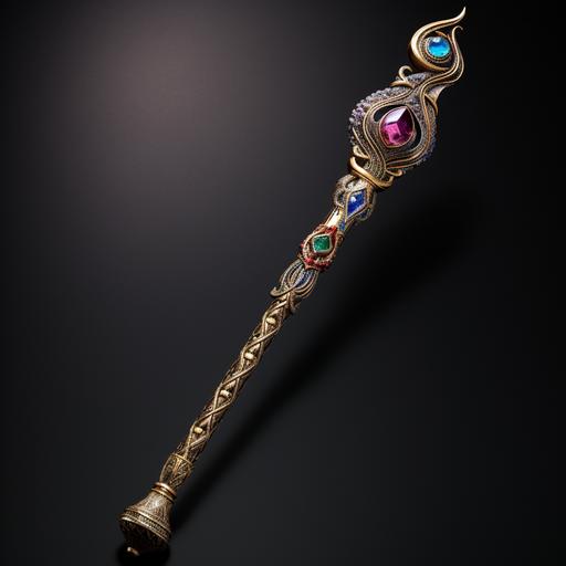 magic staff made of gold, snakes intertwined into a crown at the top holding gems, twisted metal, gem inlay, magic twisted staff, snake motif, emerald ruby sapphire amethyst