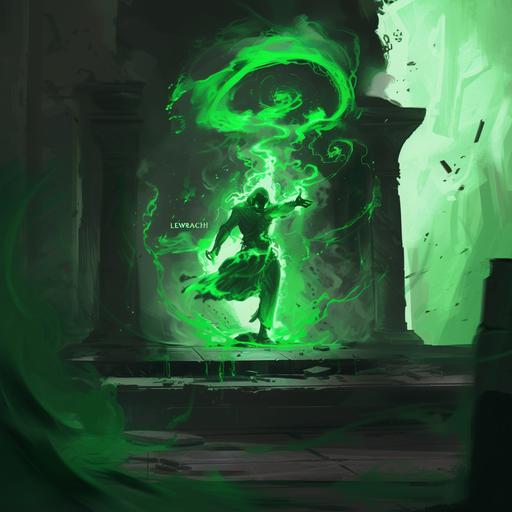 magic the gathering inspired spooky green android genie erupting mightily from a Kemetic lamp. Neon green pyroclastic flow erupts around the mouth of the lamp, green mist and vapor fill the chamber of treasures, text of 